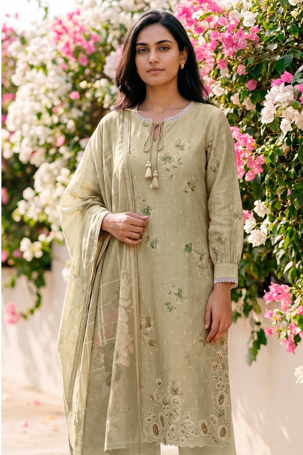 Pista Green Cotton Floral Resham Embroidered and Printed Unstitched Suit Material