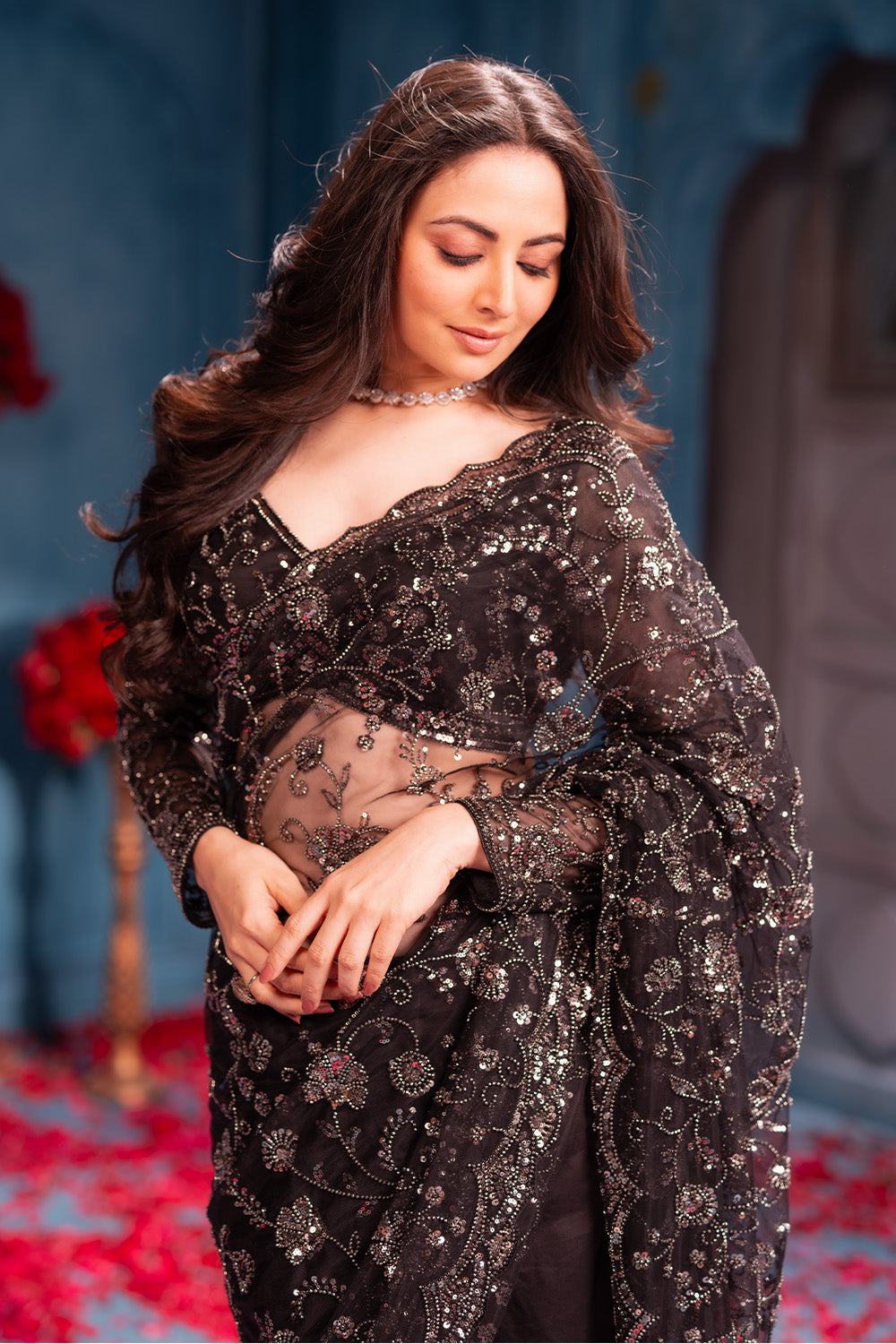 Black Cut-Dana And Sequins Embroidered Net Saree