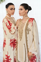 Cream Crepe Silk Floral Printed Unstitched Suit Material