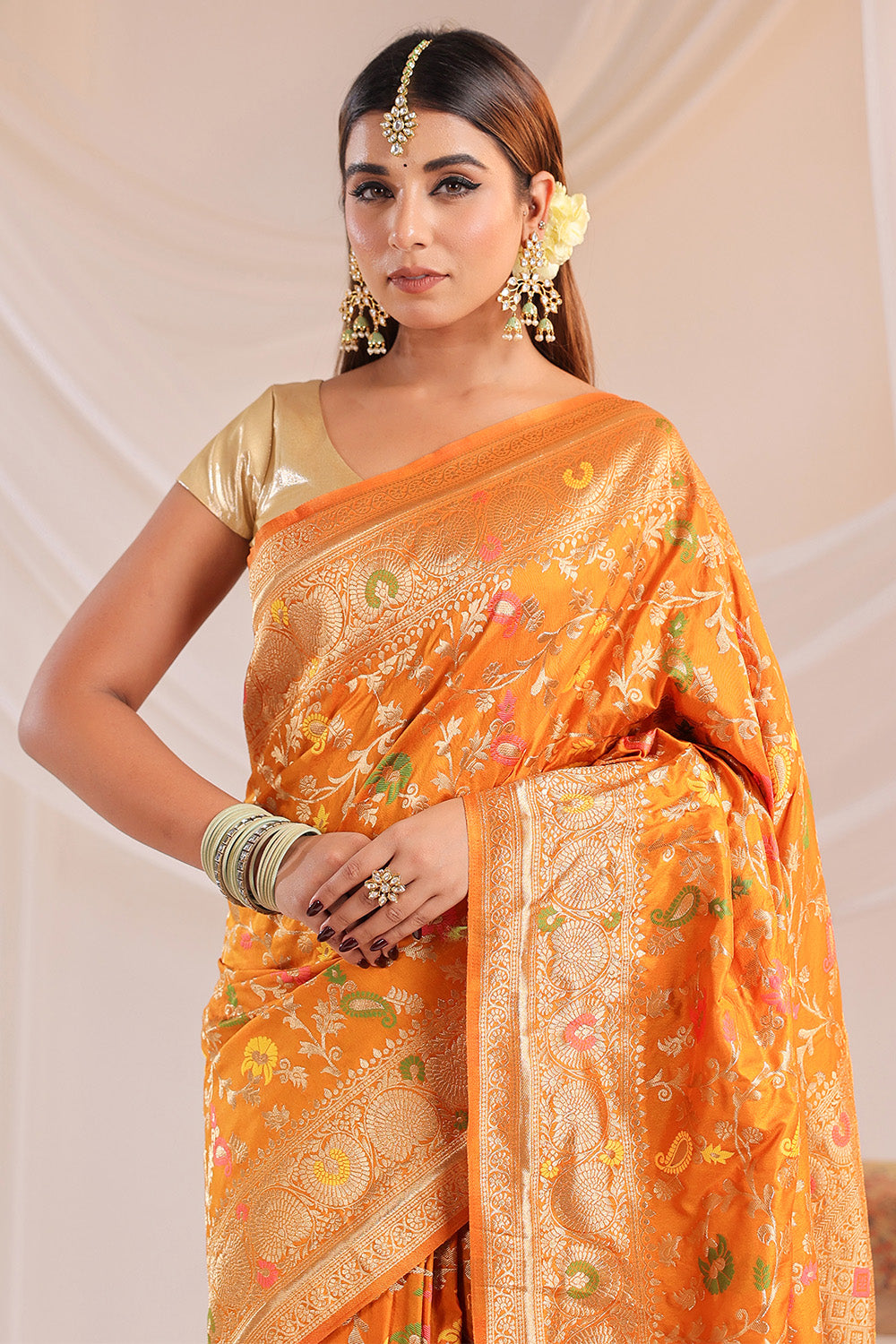 Mustard Resham & Zari Floral Woven Silk Saree