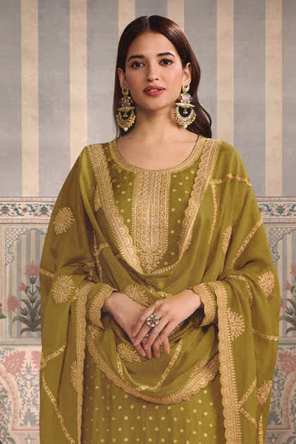 Olive Green Color Silk Embroidered Unstitched Suit Fabric