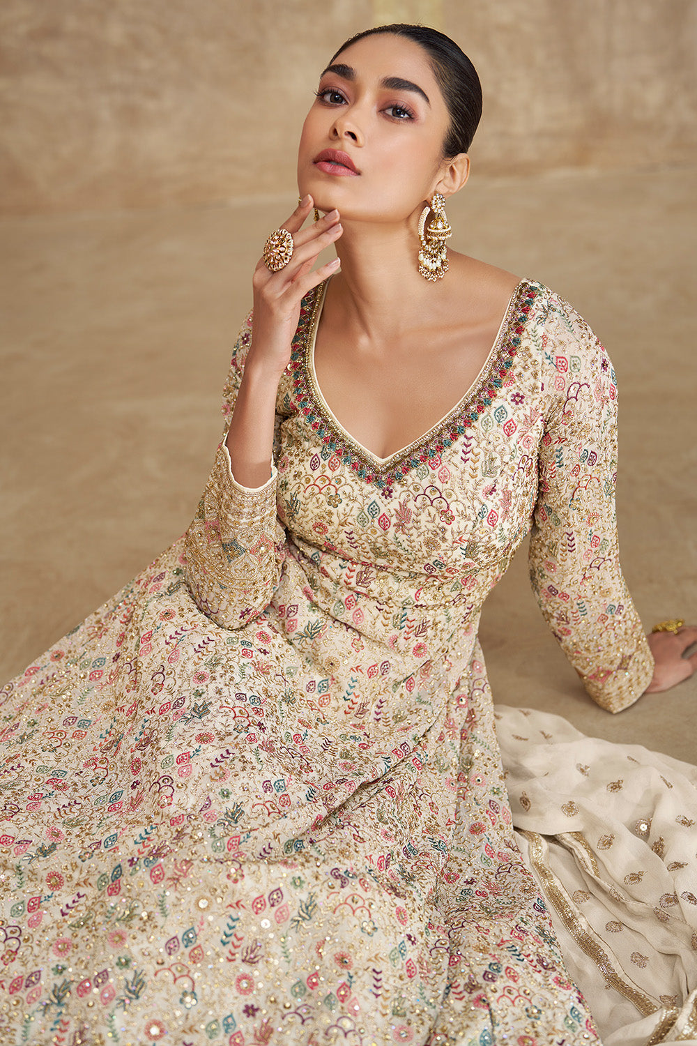 Cream Color Georgette Heavy Embroidered Anarkali Suit