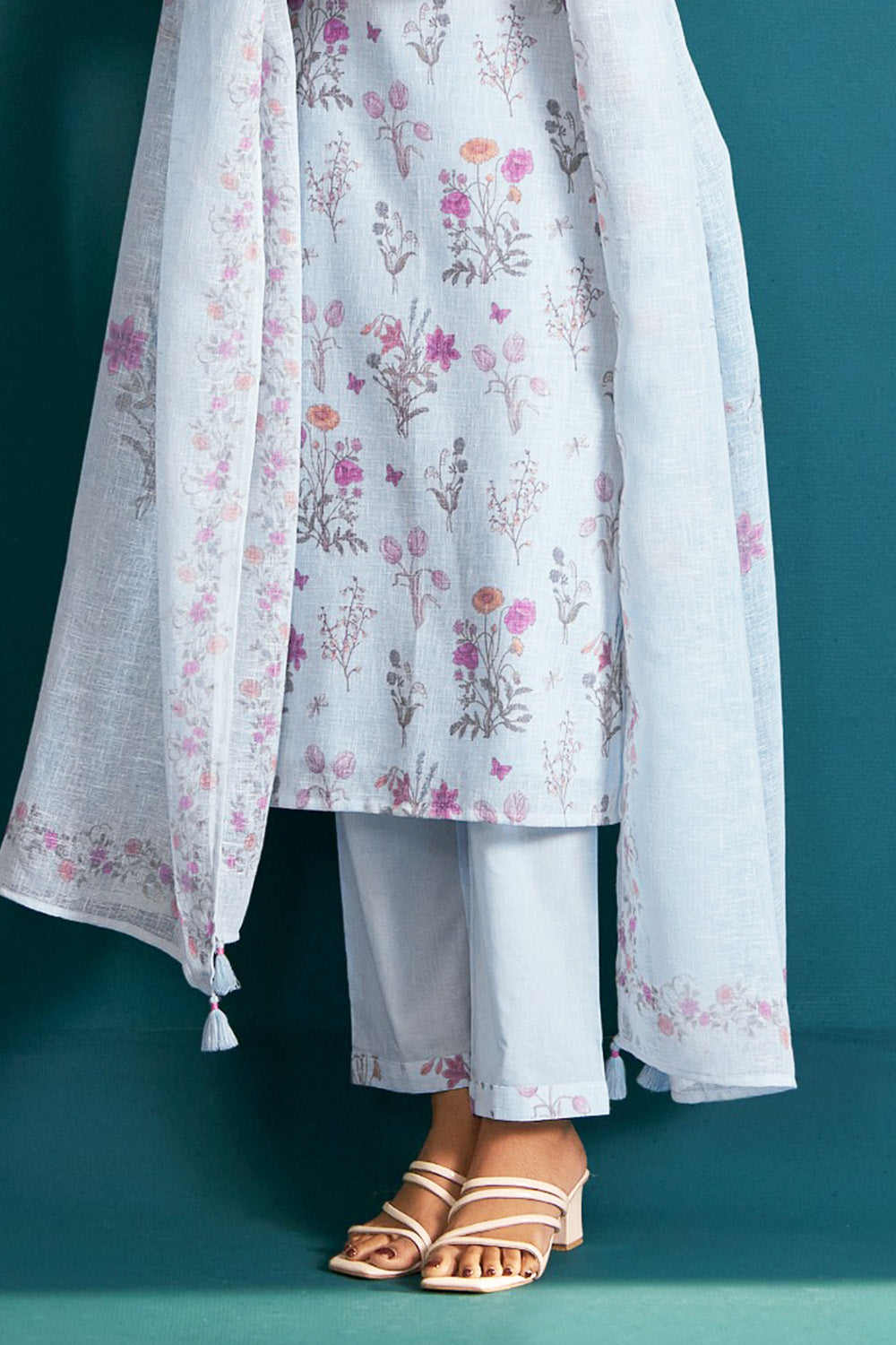 Light Blue Color Khadi Cotton Floral Printed and Neck Embroidered Suit
