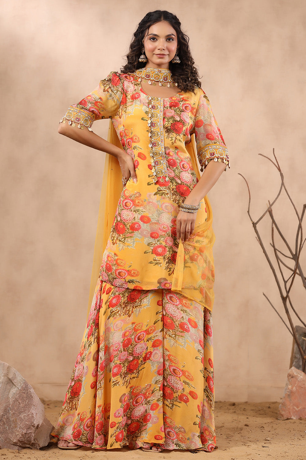 Mustard Color Floral Printed Suit With Palazzo