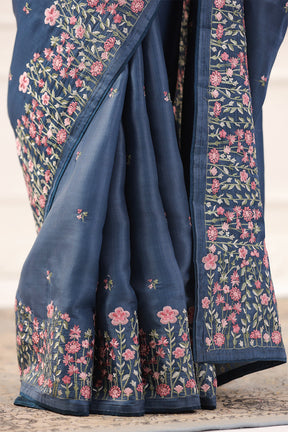 Greyish Blue Tussar Silk Resham Floral Embroidered Saree