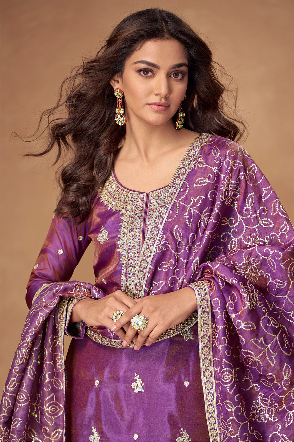 Purple Silk Zari And Sequins Embroidered Suit With Embroidered Palazzo
