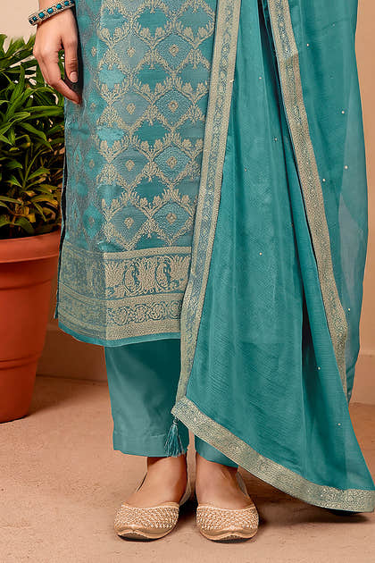 Turquoise Silk Woven Unstitched Suit Fabric