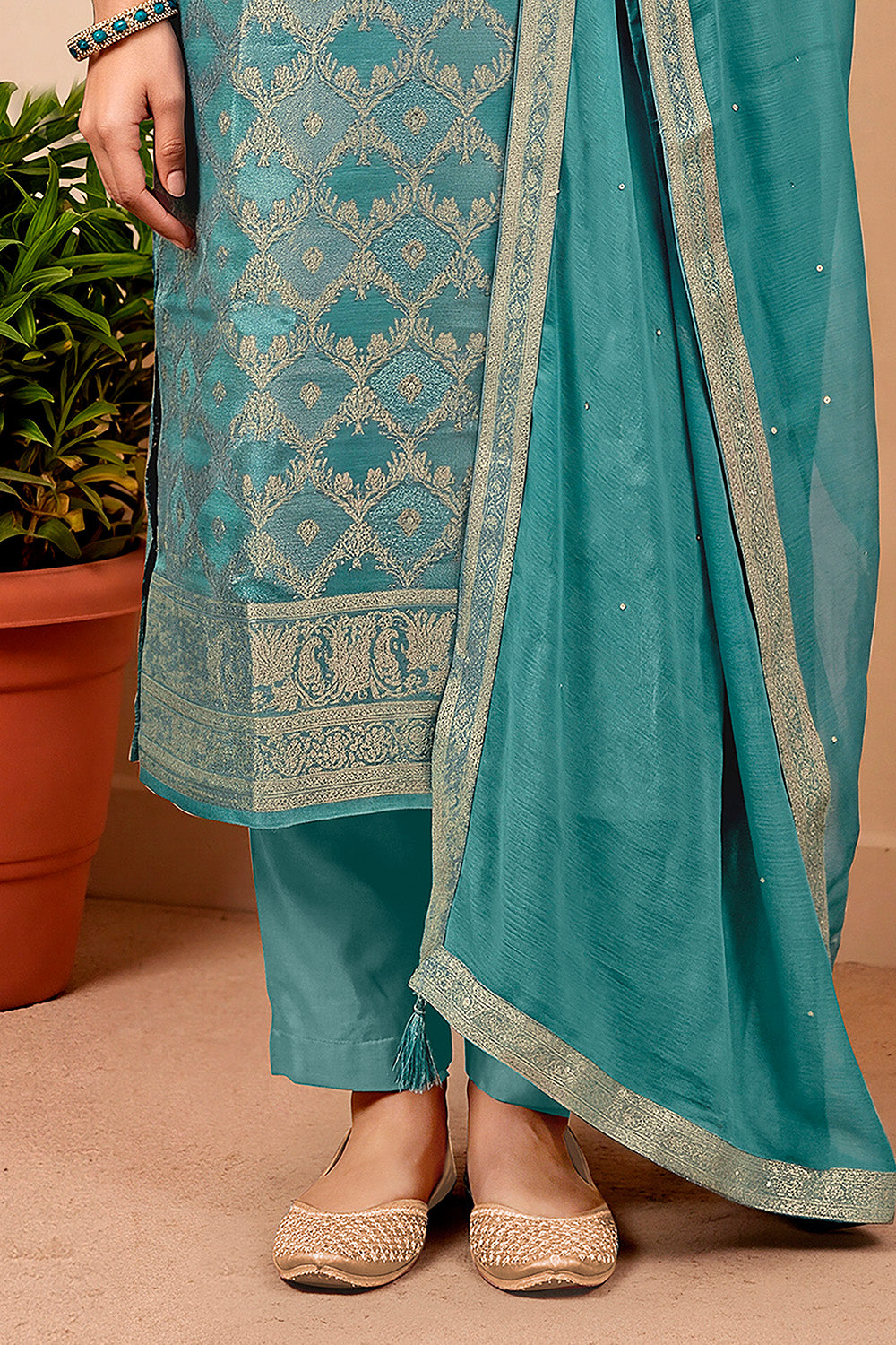 Turquoise Silk Woven Unstitched Suit Fabric