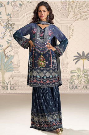 Navy Crepe Silk Mirror And Swarovski Embroidered Printed Suit With Gharara