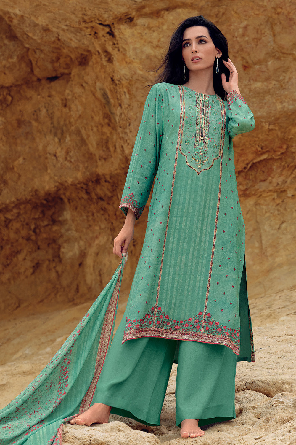 Teal Color Cotton Silk Printed Unstitched Suit Material