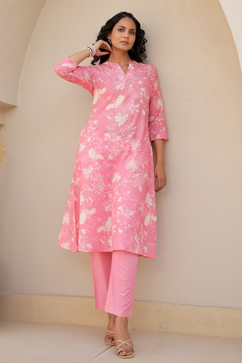 Pink Floral Printed Cotton Kurta Set