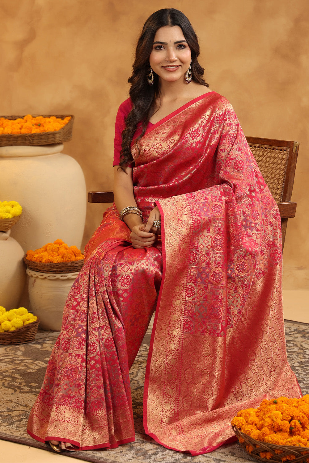 Fuchsia Color Zari Woven Saree