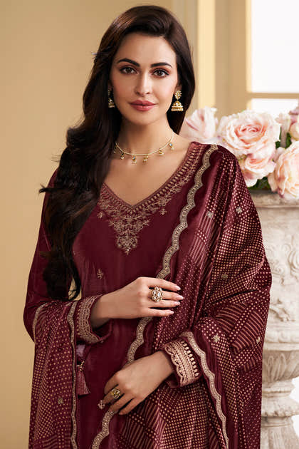 Maroon Velvet Zari and Sequins Embroidered Unstitched Suit Fabric