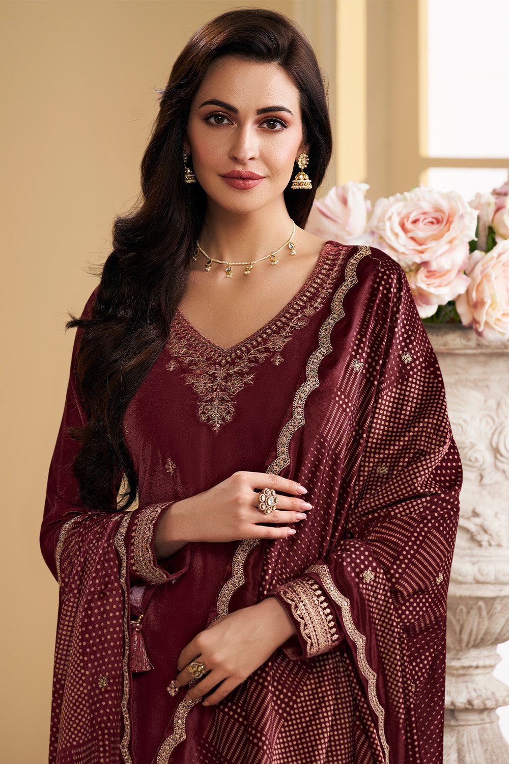 Maroon Velvet Zari and Sequins Embroidered Unstitched Suit Fabric