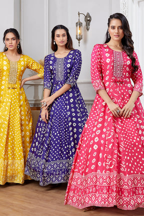 Mustard Color Crepe Silk Printed &amp; Neck Embroidered Anarkali Kurti