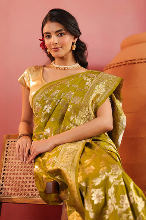 Sage Green Zari Floral Woven Silk Saree