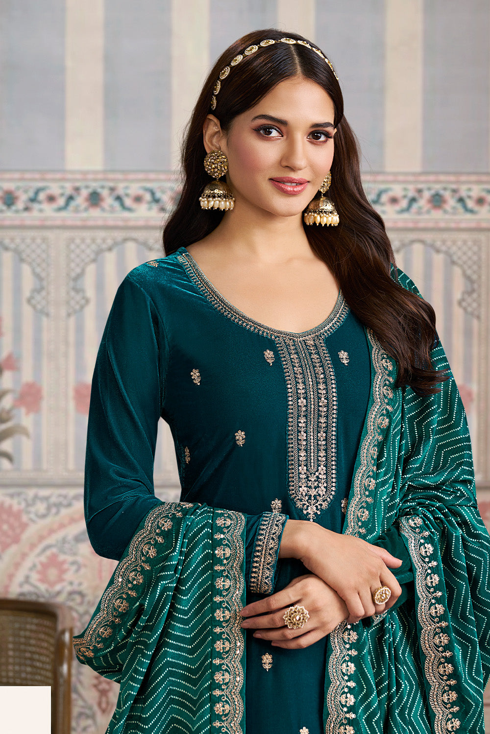 Teal Velvet Sequins and Zari Embroidered Unstitched Suit Fabric