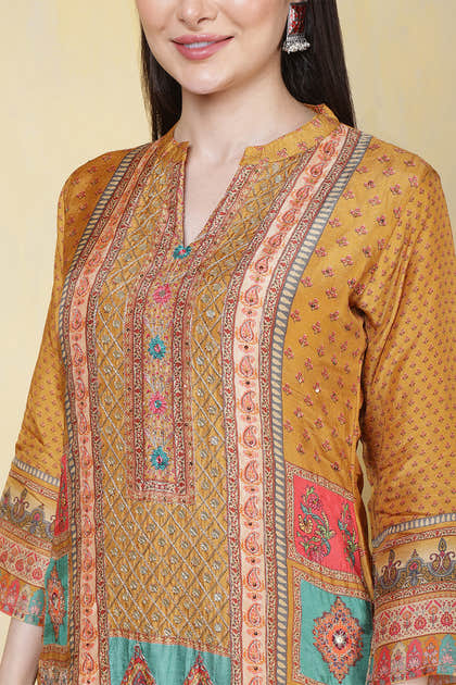 Mustard Printed Muslin Straight Suit