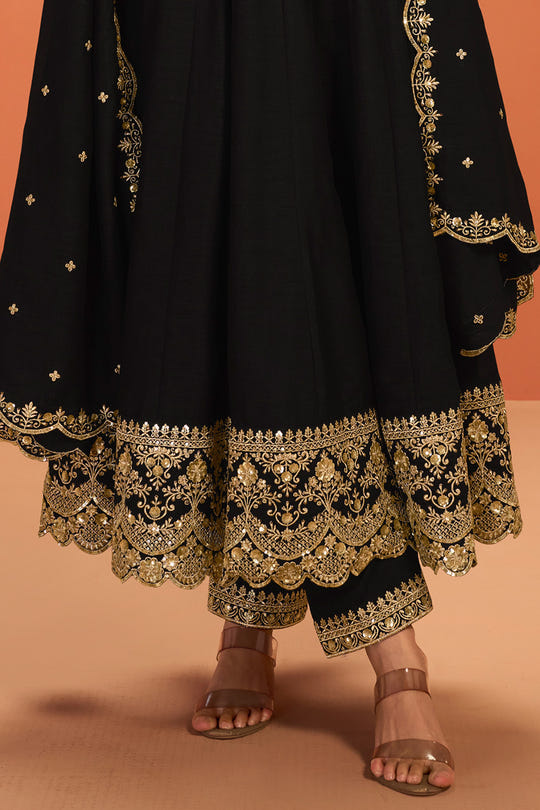Black Crepe Silk Zari and Sequins Embroidered Anarkali Suit