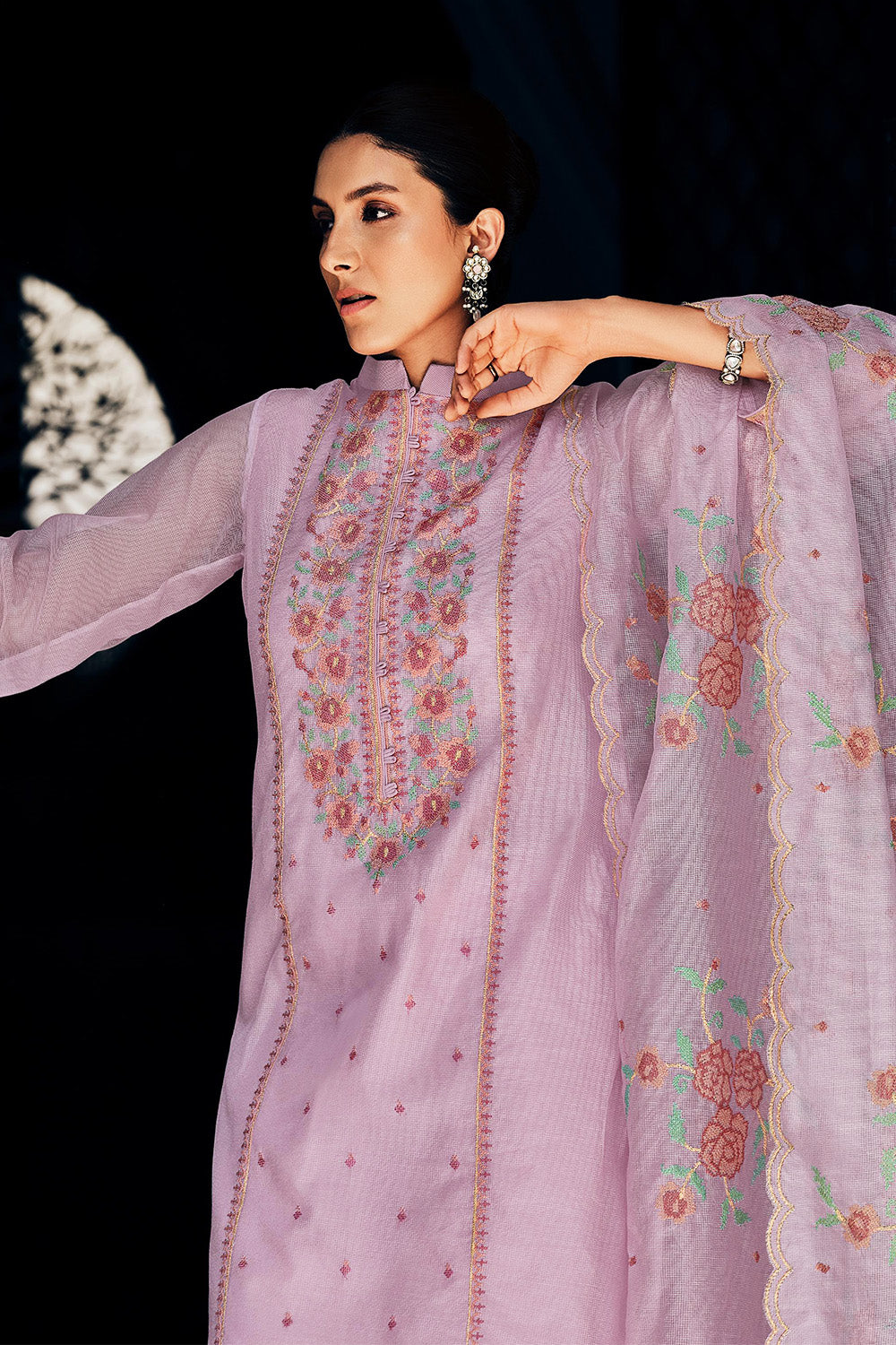 Lavender Kota Silk Double Layer Embroidered Unstitched Suit Fabric