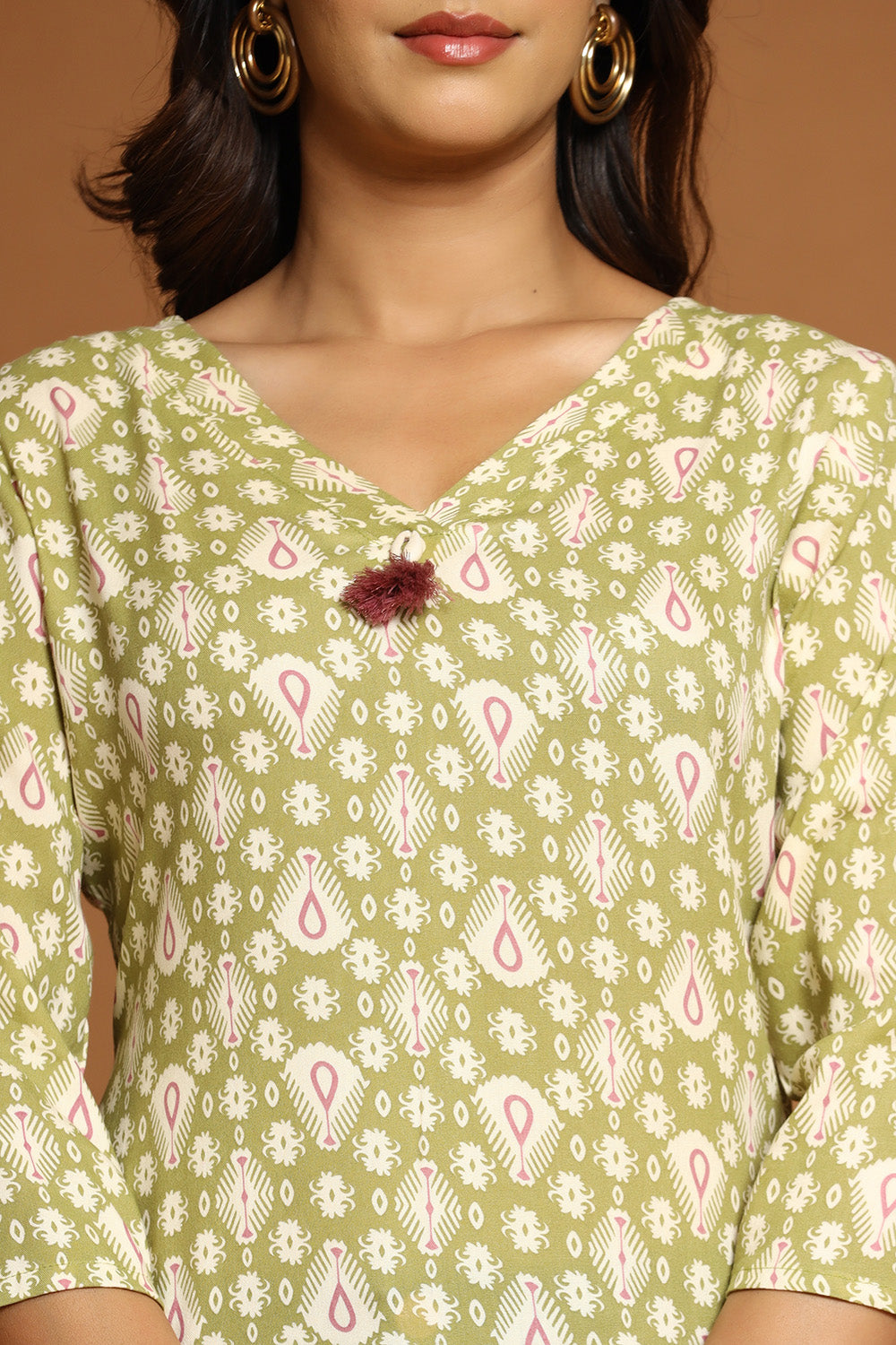 Sage Green & Beige Color Cotton Printed Tunic