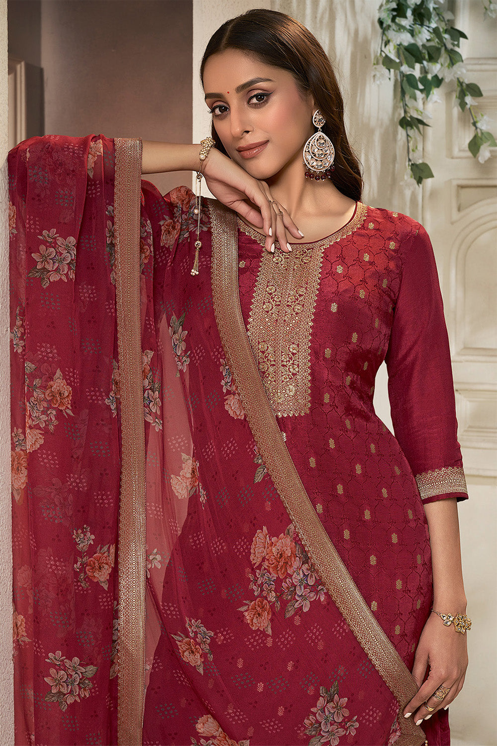 Maroon Silk Zari Woven Suit Set