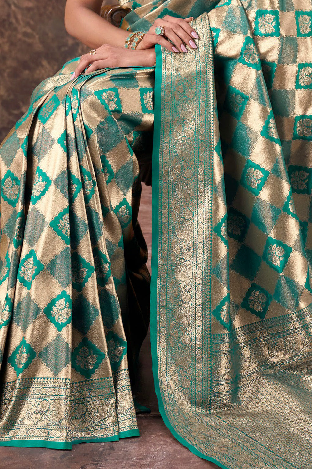 Teal & Green Silk Zari Woven Saree