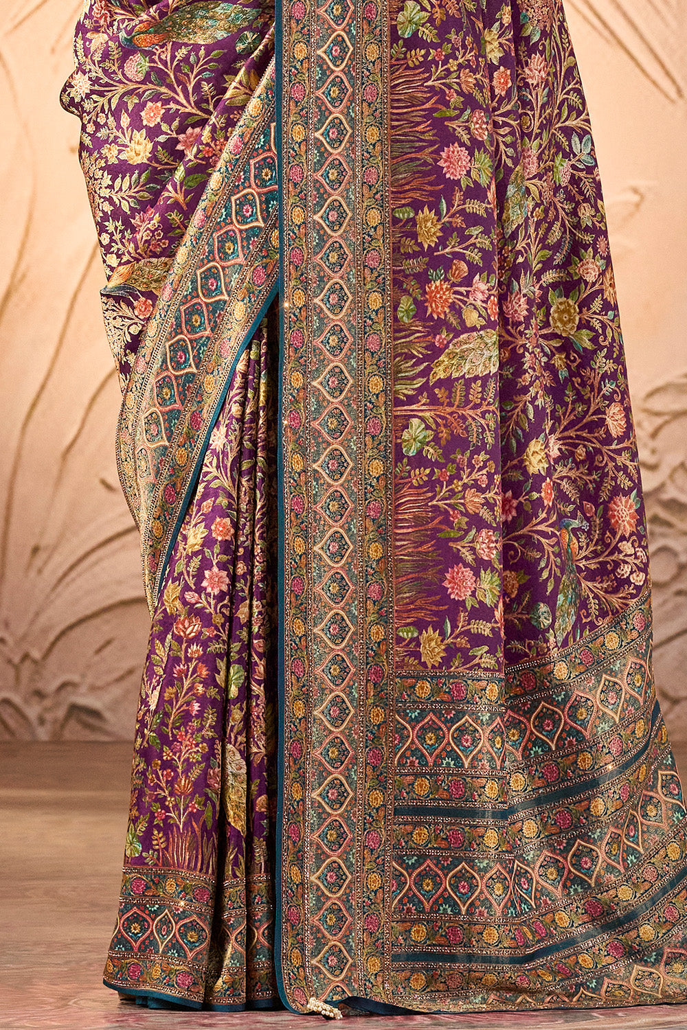 Purple Color Position Print Woven Silk Saree With Swarovski Work