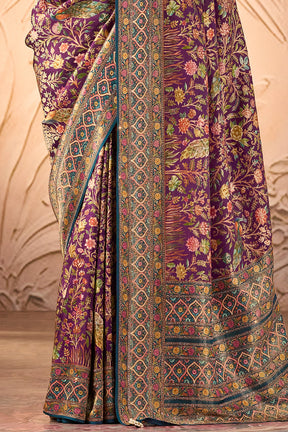 Purple Color Position Print Woven Silk Saree With Swarovski Work