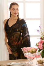 Black Abstract Printed Jacquard Silk Saree
