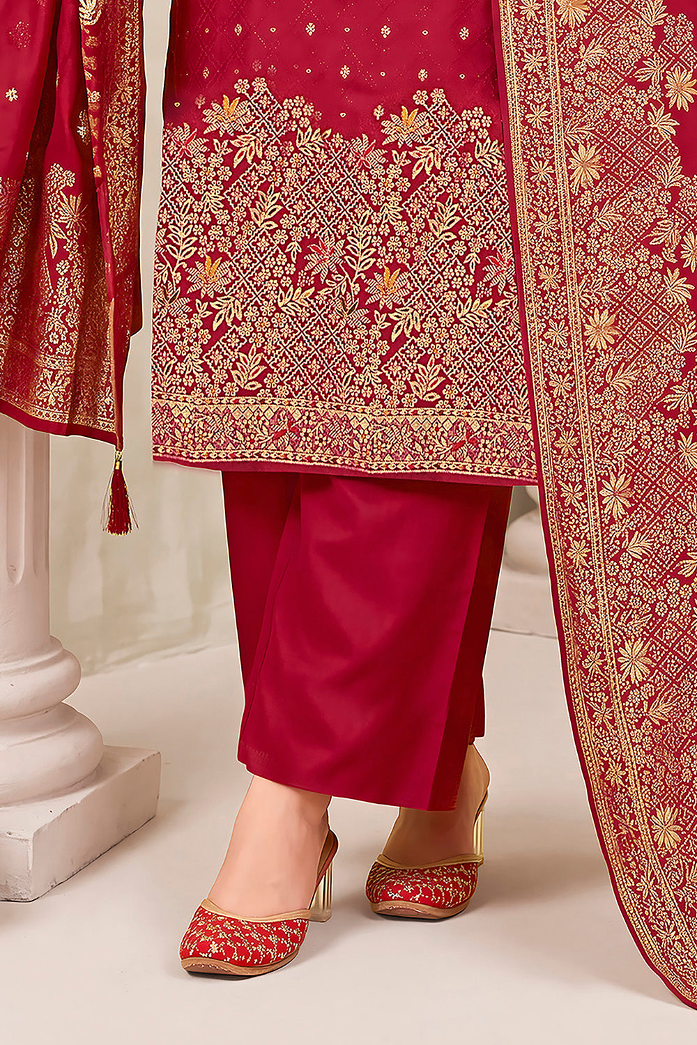 Maroon Pashmina Zari Woven Unstitched Suit Material