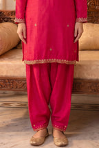 Maroon Neck-Embroidered Suit With Woven Dupatta