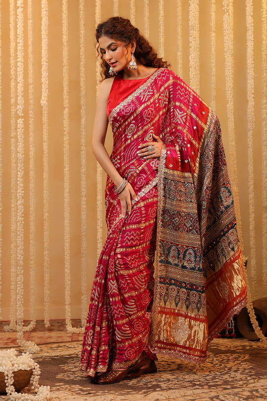 Magenta Pink Pure Gharchola Gajji Silk Printed And Embroidered Saree