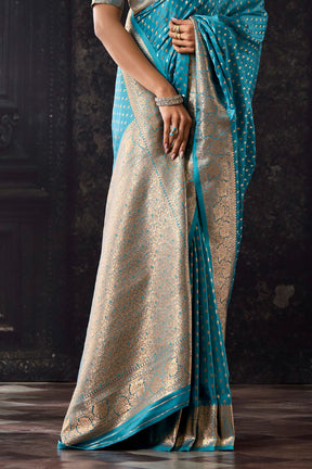 Pacific Blue Zari Woven Soft Silk Saree