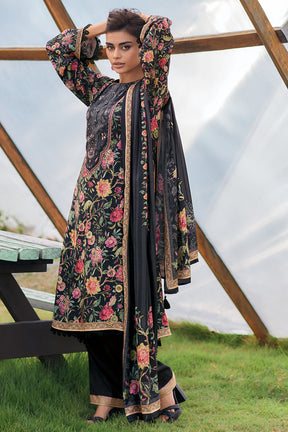 Black Color Crepe Silk Floral Printed Unstitched Suit Fabric
