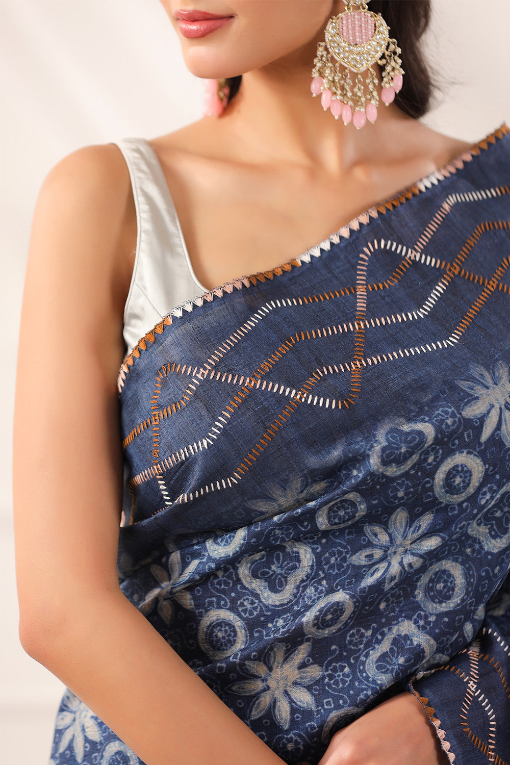 Navy Tussar Silk Printed Saree