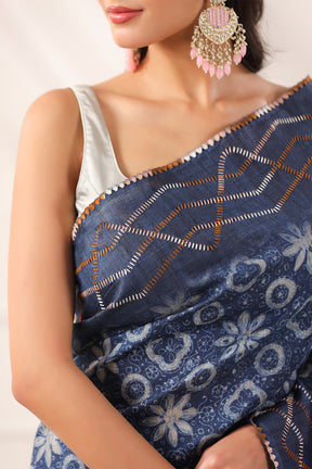 Navy Tussar Silk Printed Saree