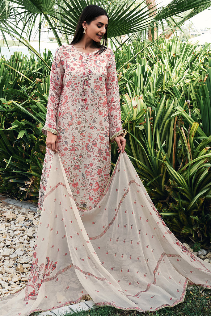 Cream Color Floral Printed Unstitched Suit Material