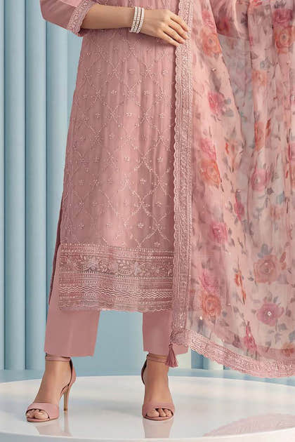 Pink Organza Resham Embroidered Unstitched Suit Material