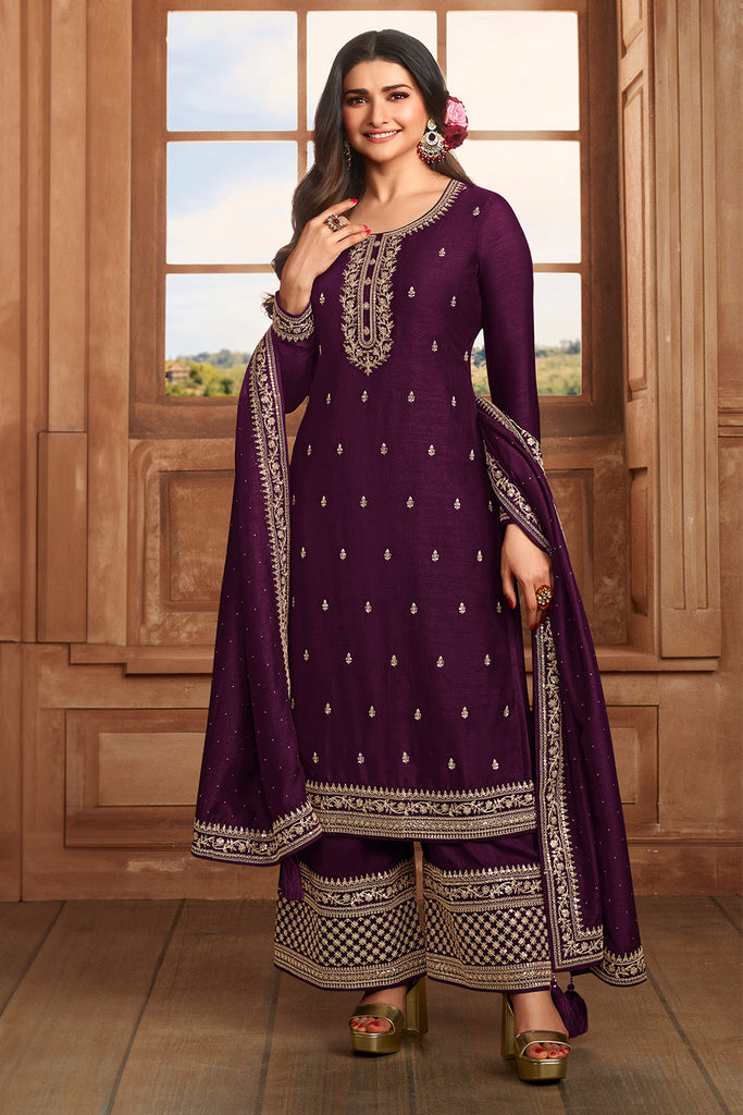 Purple Color Silk Embroidered Unstitched Suit Fabric