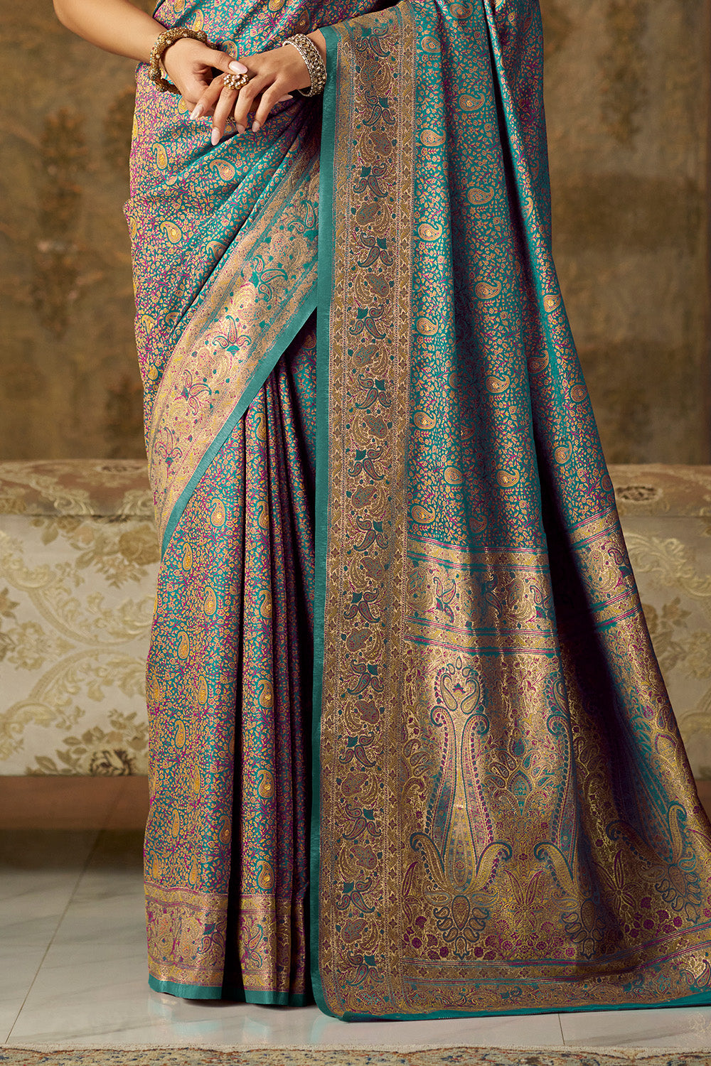 Teal Minakari Woven Silk Saree