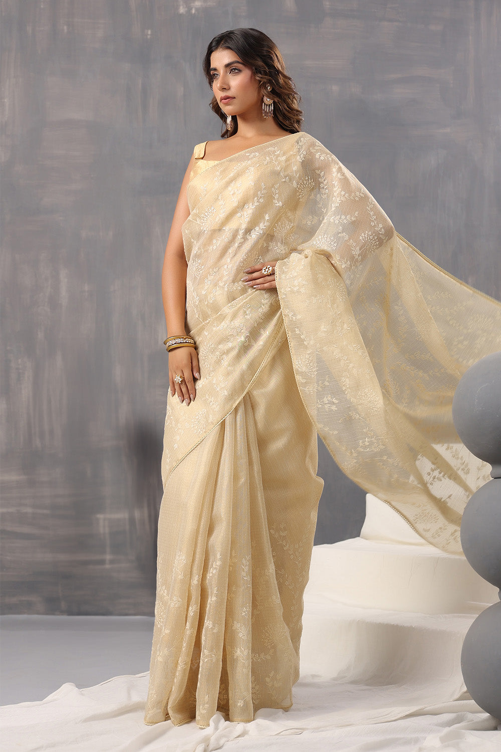 Beige Color Cotton Silk Thread Embroidered Saree