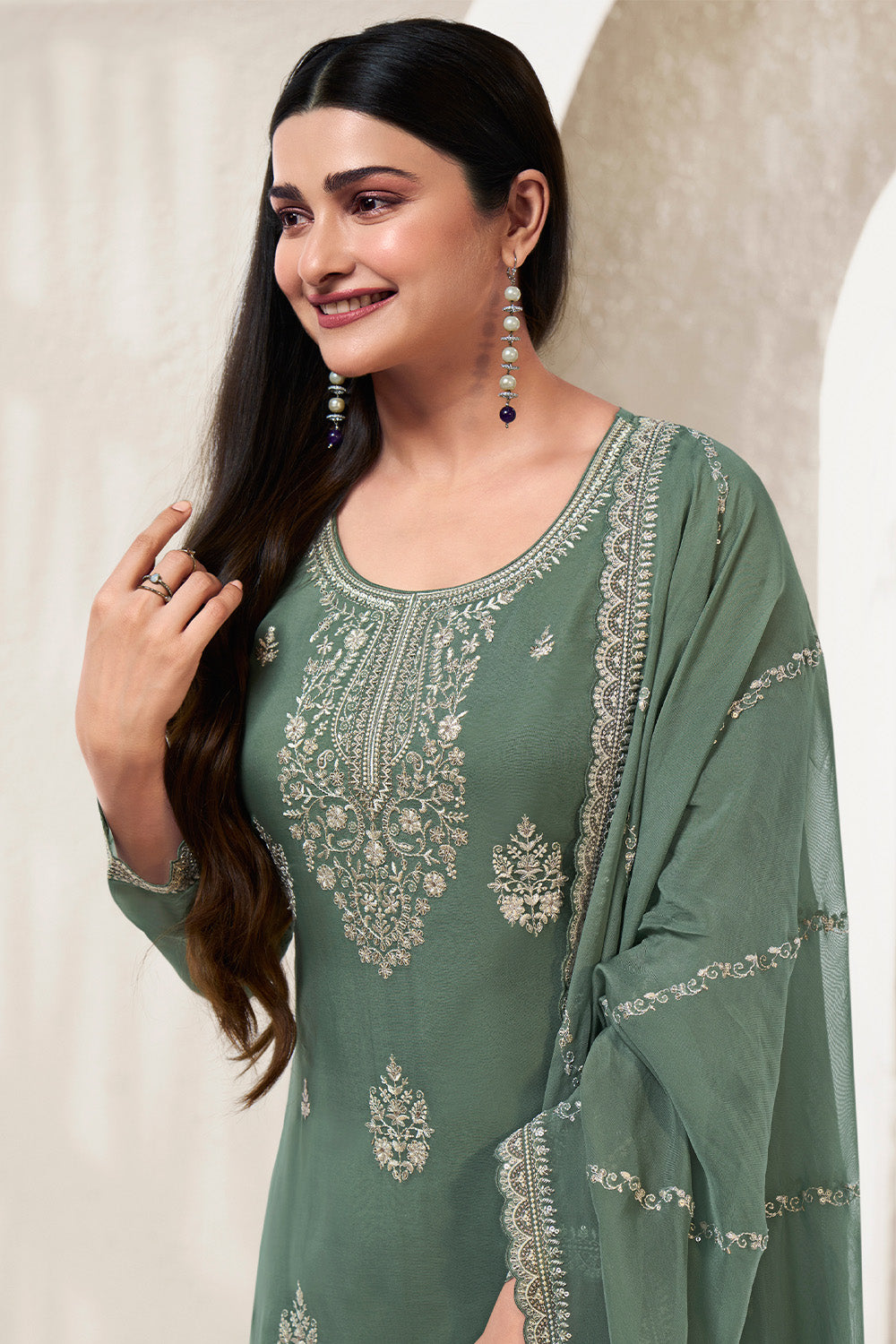 Sage Green Color Muslin Resham Embroidered Unstitched Suit Material