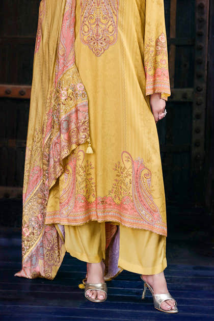 Light Mustard Spun Pashmina Printed Unstitched Suit Fabric