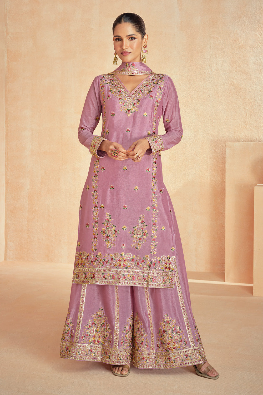 Dusty Pink Color Crepe Silk Resham Embroidered Suit With Palazzo