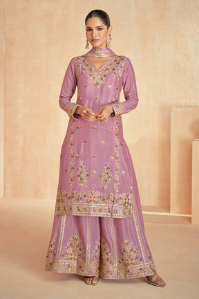 Dusty Pink Color Crepe Silk Resham Embroidered Suit With Palazzo