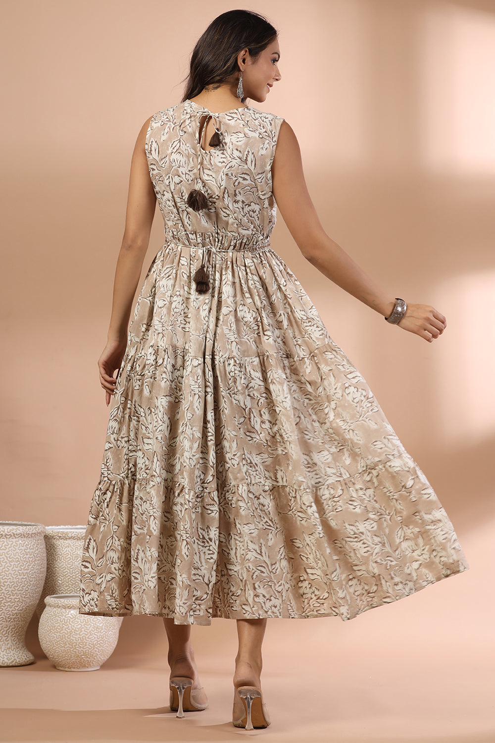 Beige & Cream Color Cotton Printed Peonies Dress