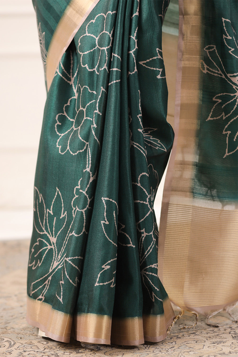 Bottle Green Tussar Silk Floral Printed and Zari Woven Saree