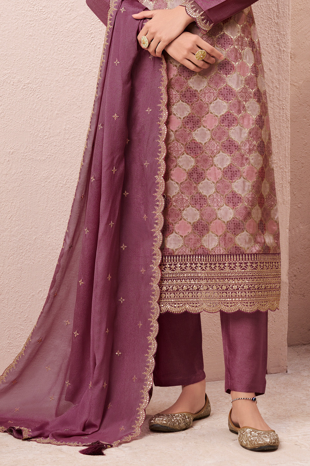 Mauve Silk Zari Woven And Embroidered Unstitched Suit Material