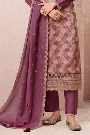 Mauve Silk Zari Woven And Embroidered Unstitched Suit Material